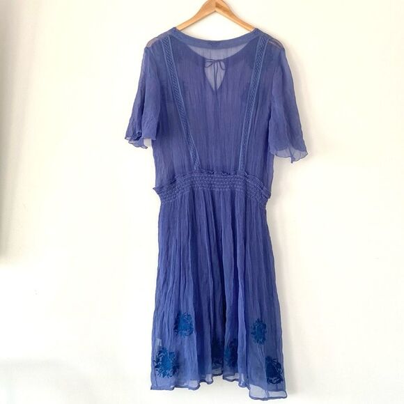 Sundance Led By Dreams Dress Blue Embroidered Floral Sheer XL Boho Old Money - Picture 4 of 12